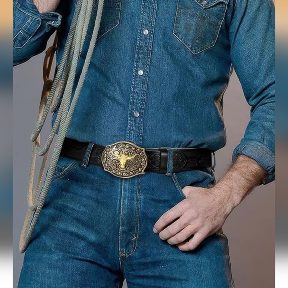 Triworks NEW Western Black Floral & Long Horn Embossed Unisex Belt w/Gold Buckle - Picture 8 of 8